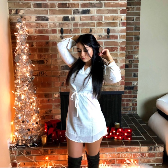 White Tunic V-Neck Waist Tie Mini Dress - Picture 7 of 8